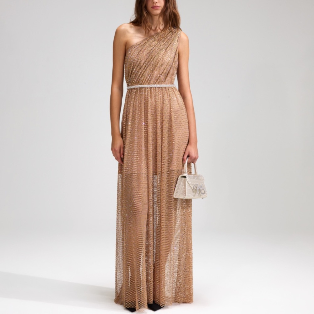 Self-Portrait Tan Rhinestone Fishnet One Shoulder Maxi Dress Size 0